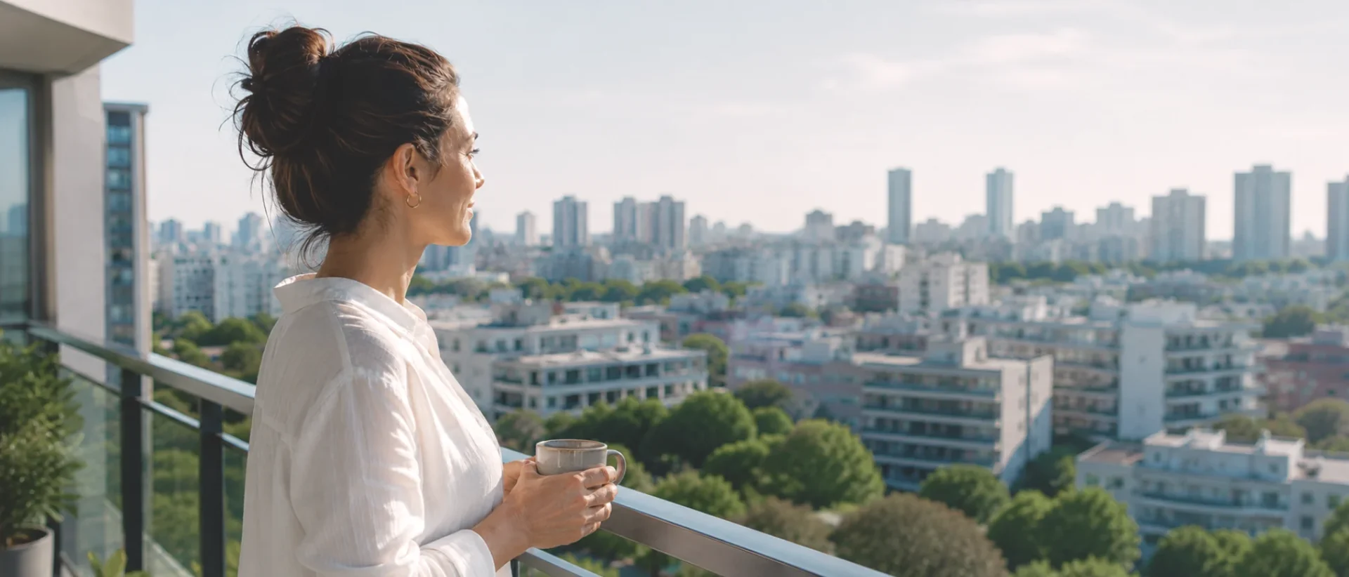 Mulher segurando uma xícara em uma varanda com vista para a cidade